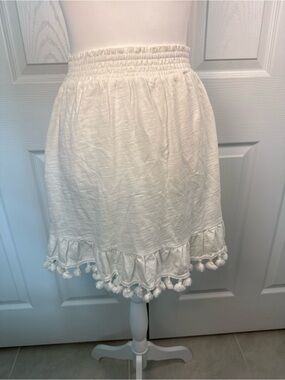 Saks Fifth Avenue Black Label Boho Cream Pom-Pom Trim Ruffle Miidi Skirt